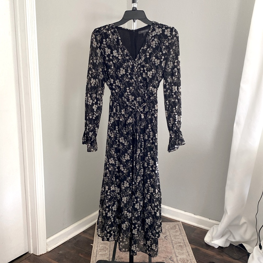 Grade and gather flutter l/s dress, Blk floral, S